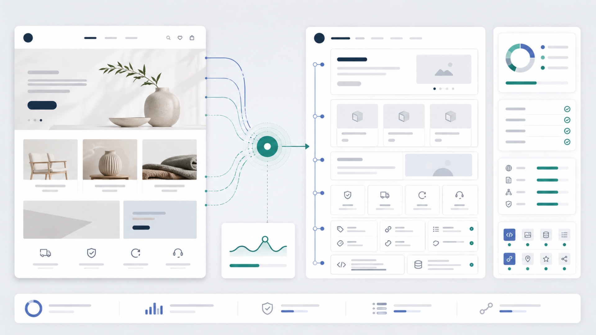 Abstract SaaS diagnostic illustration showing a business website card becoming clearer and more structured while muted website and store cards remain less readable in the background.