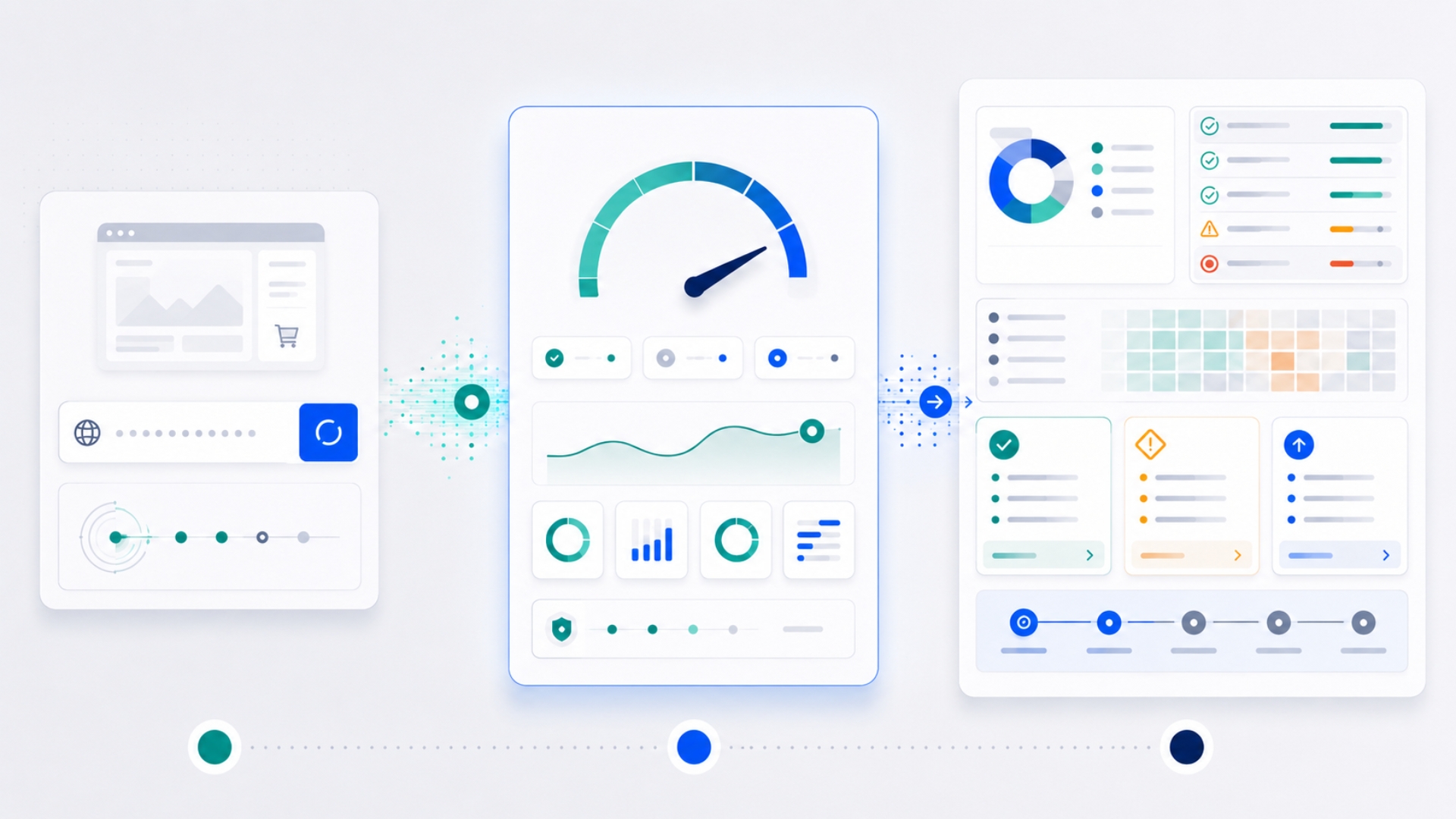 Abstract SaaS diagnostic illustration showing a website URL scan turning into an instant score, a detailed report card, and practical next-step readiness findings.