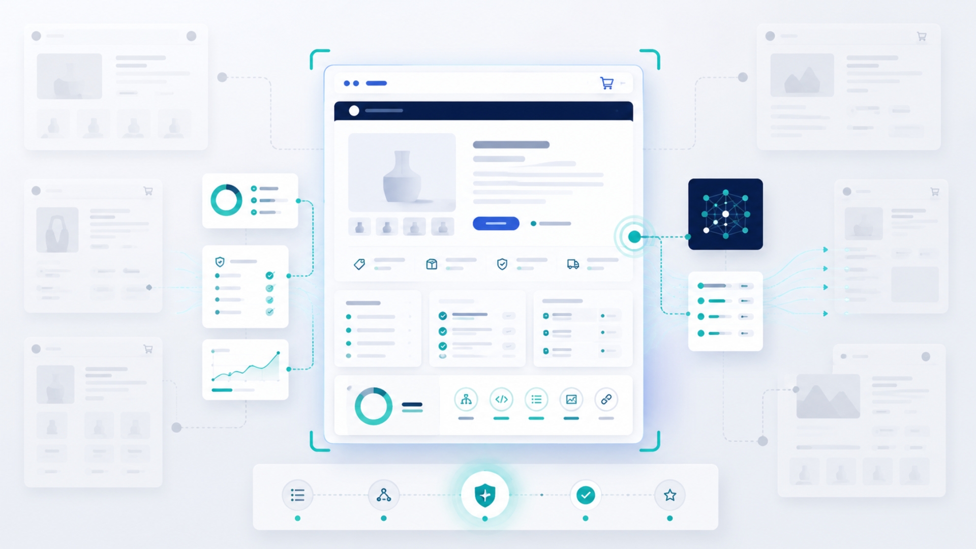 Abstract AI visibility checker interface showing a business website becoming clearer and more structured for AI tools, with scan cards and readiness signals.