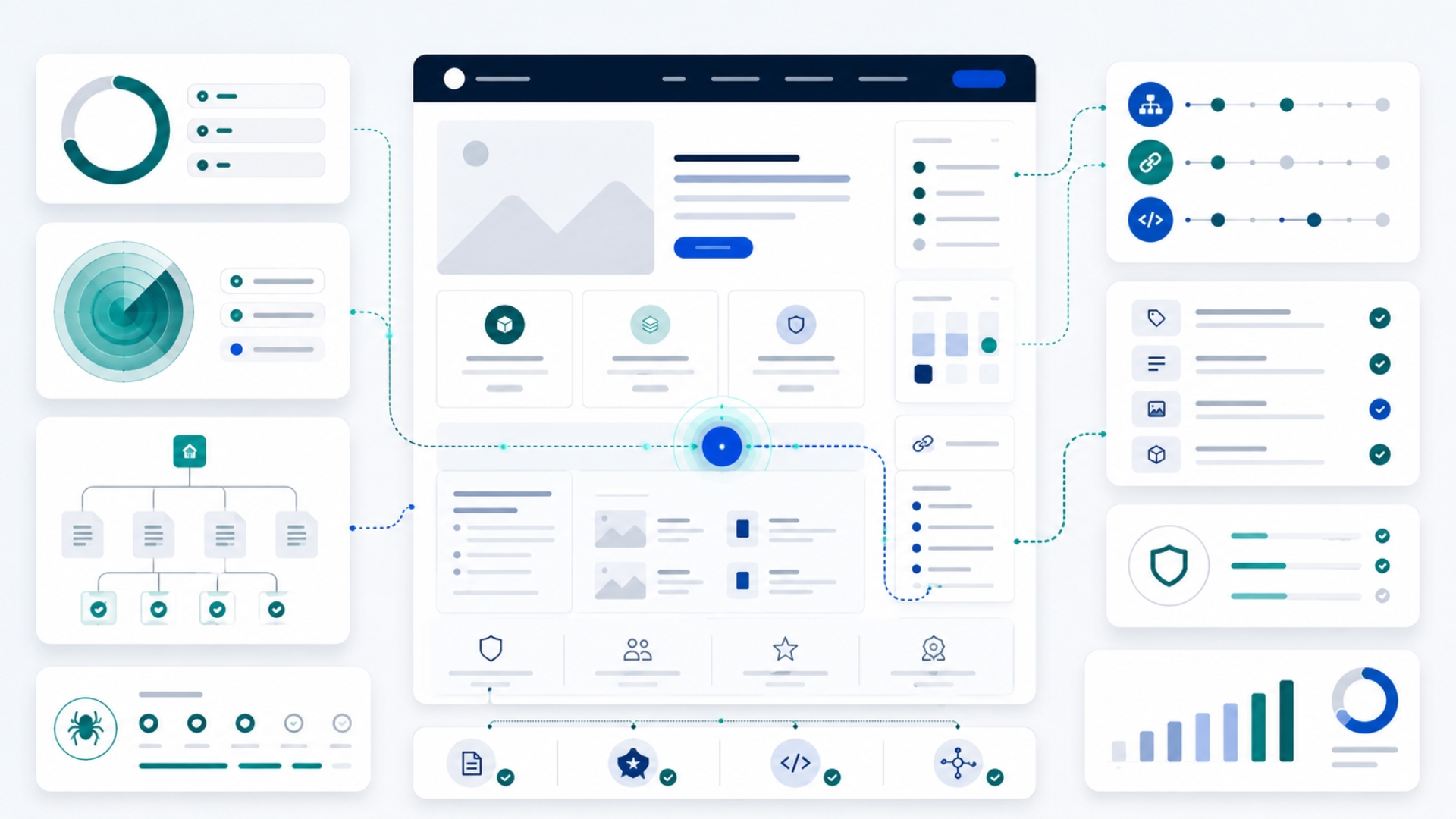 Abstract SaaS-style WordPress website readiness dashboard showing structured website cards, scan indicators, and AI visibility signals becoming clearer.